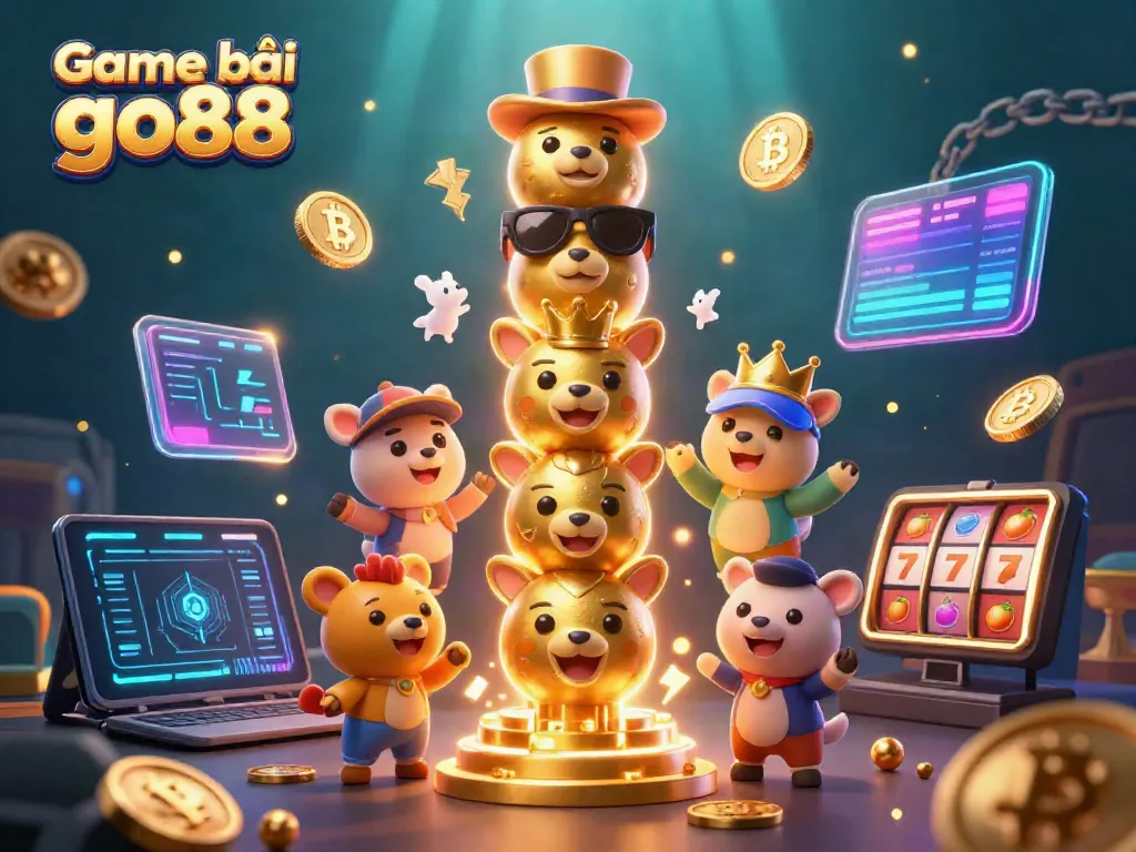 Experience the excitement of Game bài go88 with a vibrant 3D casino totem and glowing crypto elements.