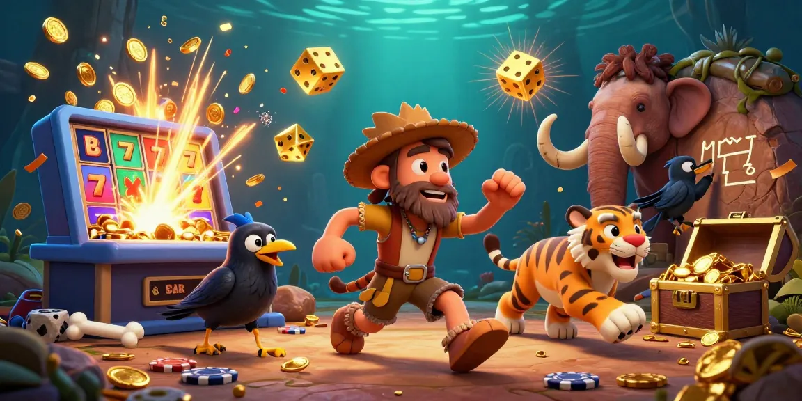 Aussie online pokies scene with a caveman and sabertooth tiger celebrating a jackpot explosion in their prehistoric casino.