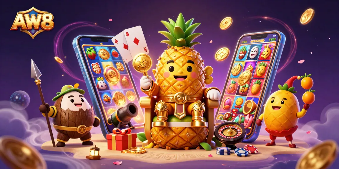 AW8 casino illustration with a golden pineapple king and gaming elements in a vibrant scene.