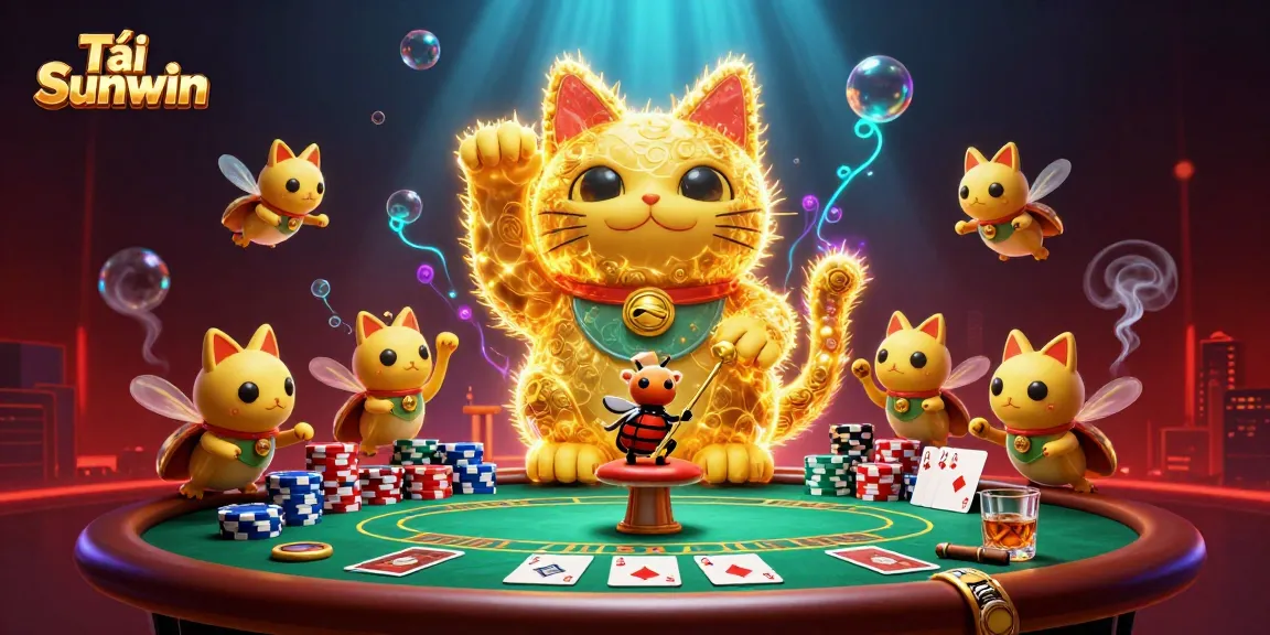 Engage in casino excitement with Tải Sunwin, showcasing golden lucky cat and interactive poker elements.