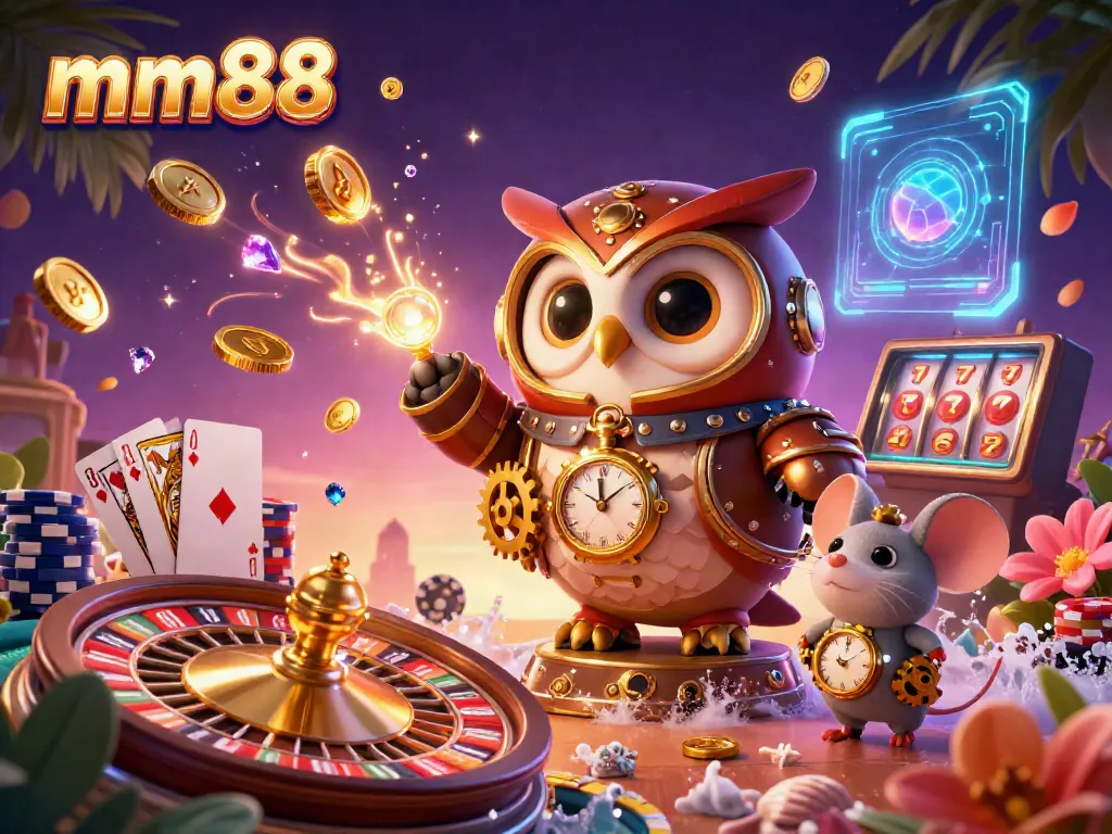 Experience the vibrant gaming atmosphere of mm88 with a steampunk owl and rolling roulette wheels.