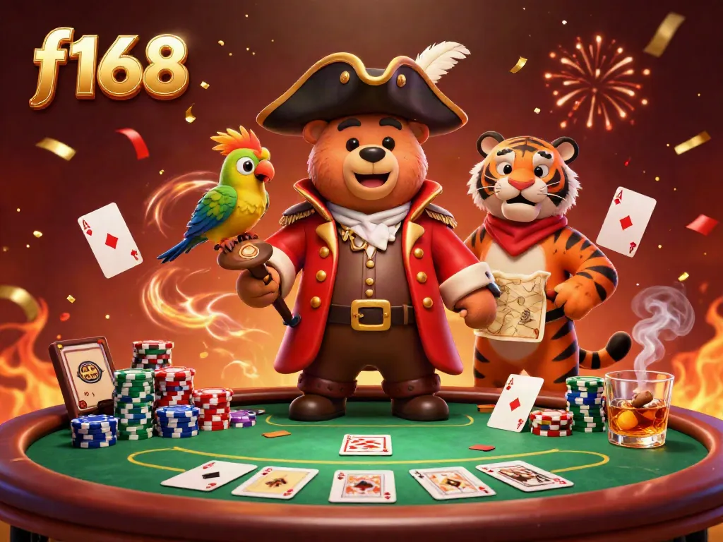 The f168 pirate captain bear and tiger engage in a lively poker game, showcasing festive gambling action.
