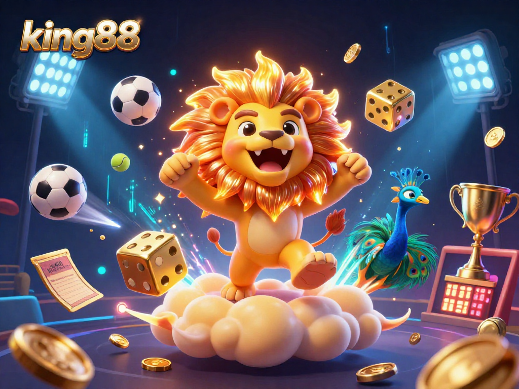 Experience king88's vibrant sports betting action with a roaring lion and thrilling dynamic elements.