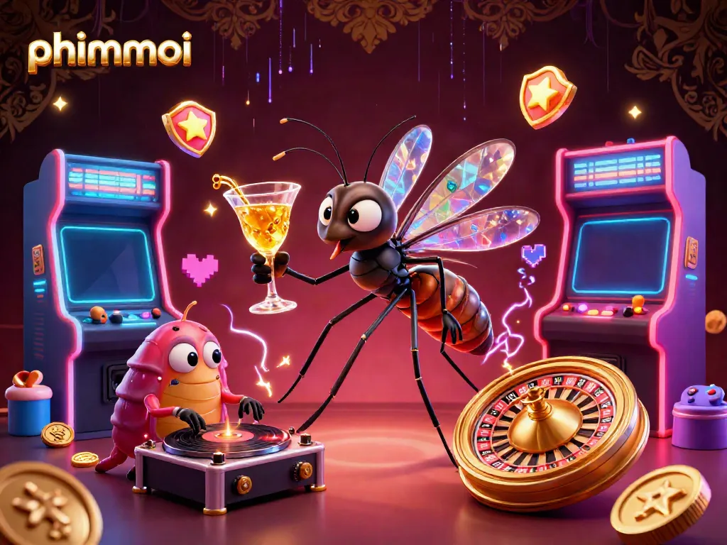 Experience the vibrant energy of phimmoi in a dynamic casino-themed 3D illustration featuring unique characters and elements.