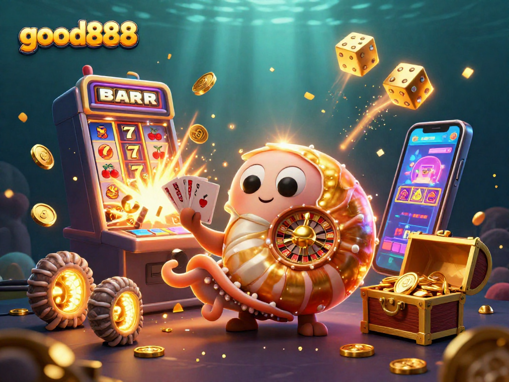 Experience exciting games at good888 featuring a vibrant 3D casino illustration, showcasing winning moments.