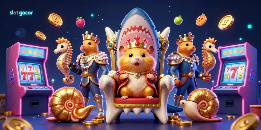 Slot gacor menampilkan raja hamster emas di tahta gigi hiu, dikelilingi permainan 3D dan simbol jackpot.