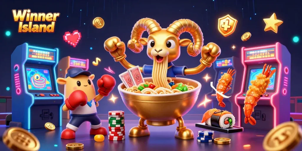 Engage with exciting games at Winner Island featuring vibrant characters and a colorful casino atmosphere.