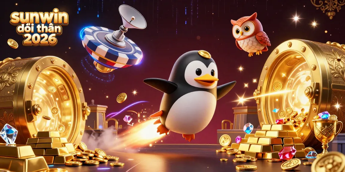 Experience the excitement of sunwin đổi thưởng 2026 with a golden penguin racing toward a casino station amidst treasures.